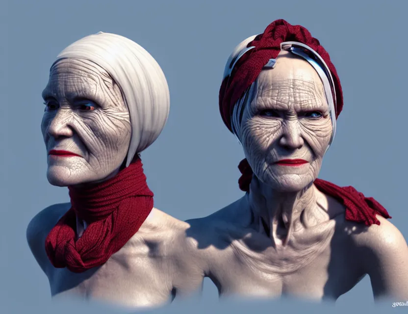 Prompt: cinematic bust portrait of robo face, cyborg body granny!, a scarf tied on the head, by jean giraud, trending artstaition, 3 d, unreal engine