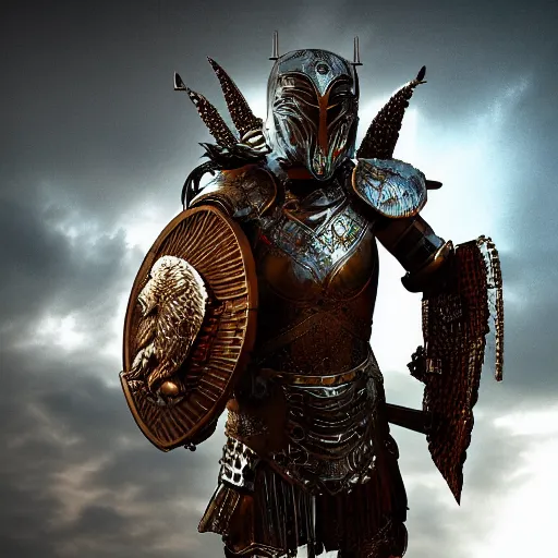 Image similar to warrior with metal eagle armour, highly detailed, dramatic lighting, cinematic, 4k