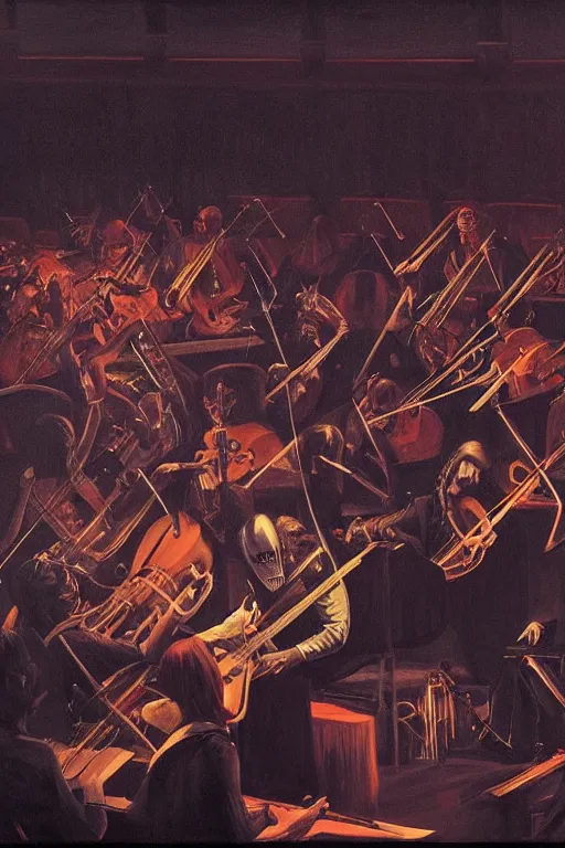 Prompt: Shakespeare in the Metal Band Concert with Orchestra Edward Hopper and James Gilleard, Zdzislaw Beksisnski, higly detailed