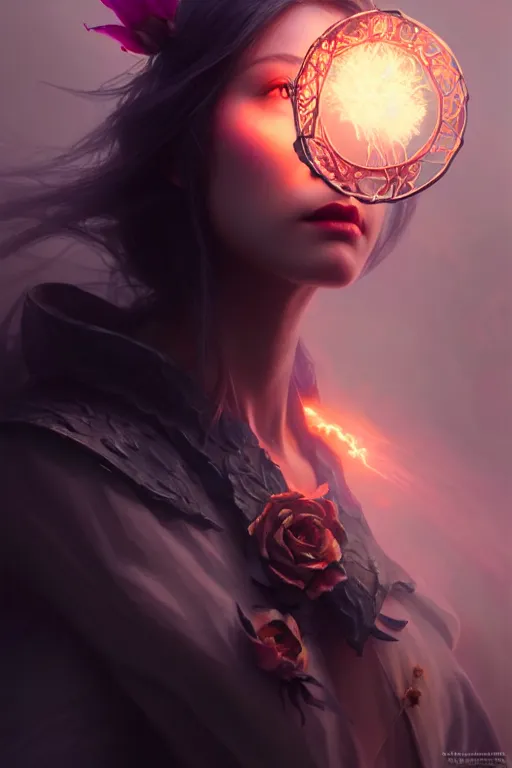 Image similar to beautiful necromancer girl, sorceress turning into flowers, three - dimensional rendering, hyperrealistic detailed portrait holding light and electricity, ruan jia, clap. scifi, fantasy, magic the gathering, overdetalized, octane rendering, concept art by artgerm, peter murbacher