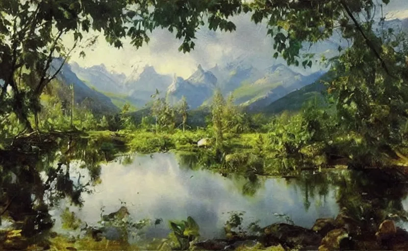 Image similar to oil painting lanscape by anders zorn, jungle nature, fruit trees, very very very very beautiful art, dramatic light, water reflections, tall rocky mountains