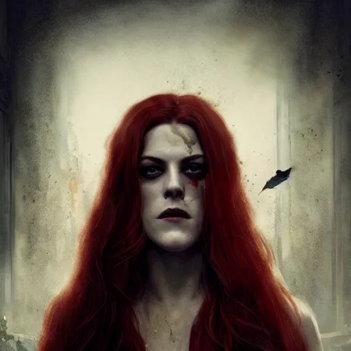 Prompt: portrait of beautiful riley keough as a vampire in bloody business suit, blood red eyes, fantasy, intricate, elegant, highly detailed, by greg rutkowski, cinematic movie poster