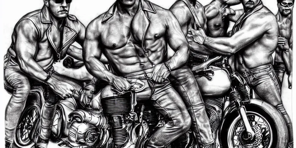 Image similar to men and motorcycles, detailed physique pictorial high quality pencil and ink drawing by tom of finland