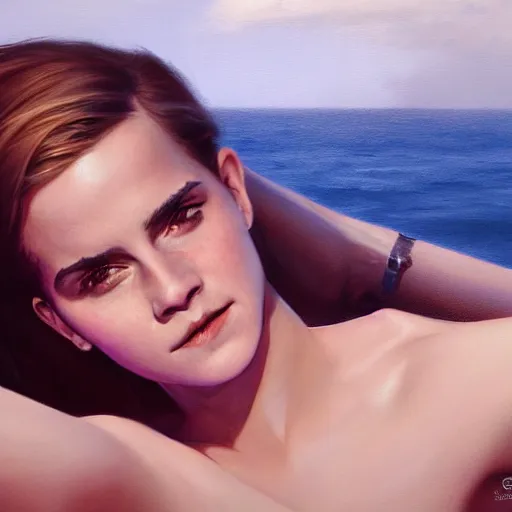 Image similar to detailed painting of emma watson wearing a bikini, 8 k, by greg rutkowski, artgerm, global illumination