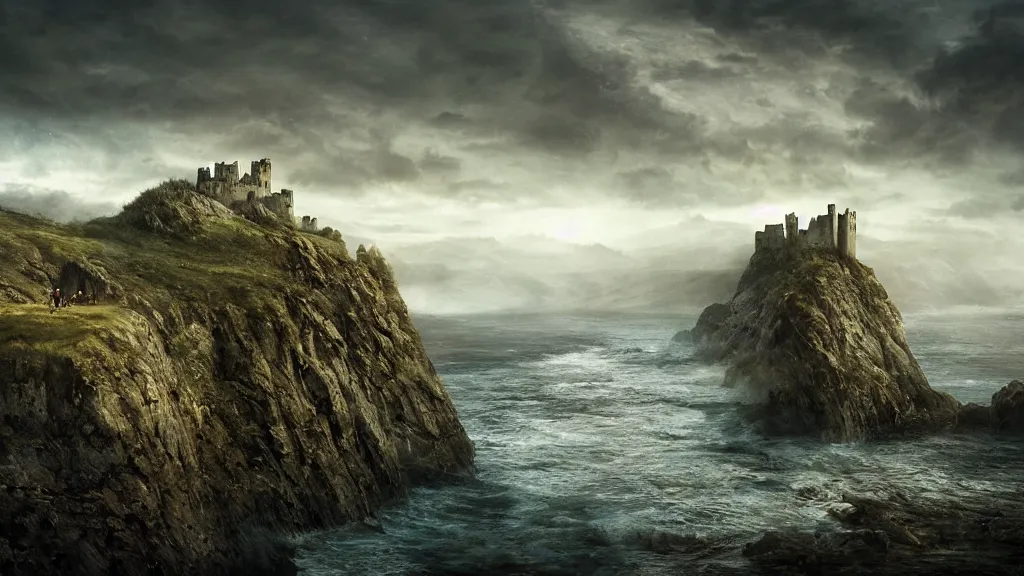 Prompt: fifteenth century medieval warriors in a coastline cliff landscape, background castle, perspective, folklore, King Arthur, Lord of the Rings, Game of Thrones. Photographic, Photography, photorealistic, concept art, Artstation trending , cinematic lighting, cinematic composition, rule of thirds , ultra-detailed, dusk sky , low contrast, natural lighting, fog, realistic, light fogged, detailed, atmosphere hyperrealistic , volumetric light, ultra photoreal, Matte painting, movie concept art, hyper-detailed, insanely detailed, corona render, octane render, 4k