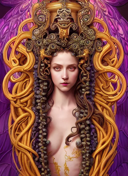 Image similar to professionally-painted ultradetailed ornate RPG award winning masterpiece illustration of beautiful symmetrical Medusa radiating glowing aura, fully clothed with an art nouveau flowery dress, digital airbrush painting, 3d rim light, hyperrealistic, artstation, cgsociety, kodakchrome, golden ratio