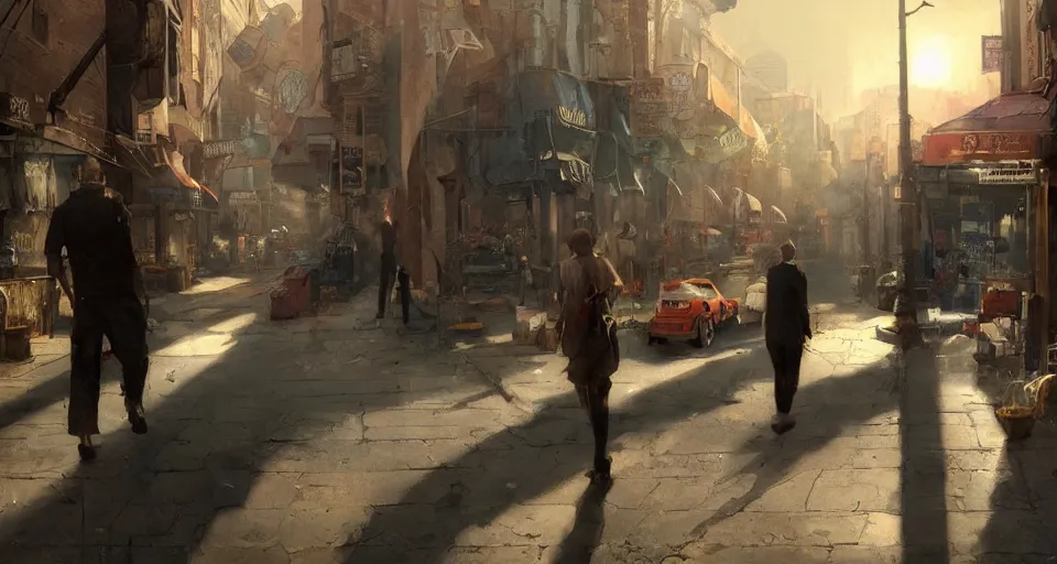 Image similar to craig mullins and ghibli digital art of american city, street, 1 9 2 0, sunset alley, the half - human, half - cat monster watches you, its body hidden in the shadow unreal engine, hyper realism, realistic shading, cinematic composition, realistic render, octane render, detailed textures, photorealistic, wide shot