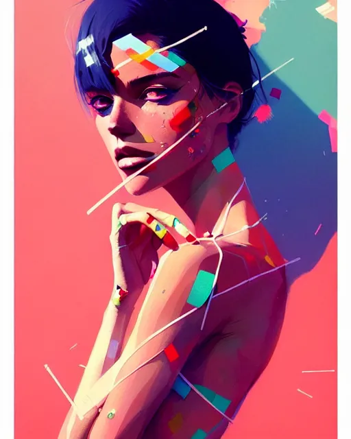 Prompt: a ultradetailed beautiful panting of a stylish woman with colorful bandaids, by conrad roset, greg rutkowski and makoto shinkai, trending on artstation