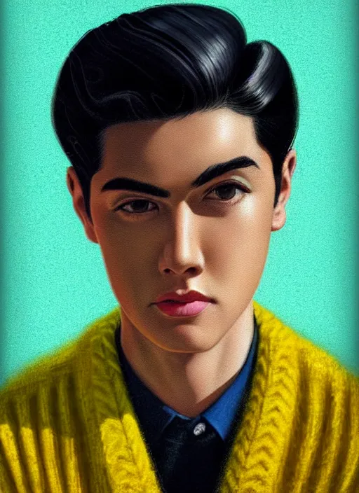 Image similar to portrait of young reggie mantle, mean smirk, egotistical, slicked back hair, striped yellow and black sweater, 1 9 5 0 s, intricate, elegant, glowing lights, highly detailed, digital painting, artstation, concept art, smooth, sharp focus, illustration, art by wlop, mars ravelo and greg rutkowski