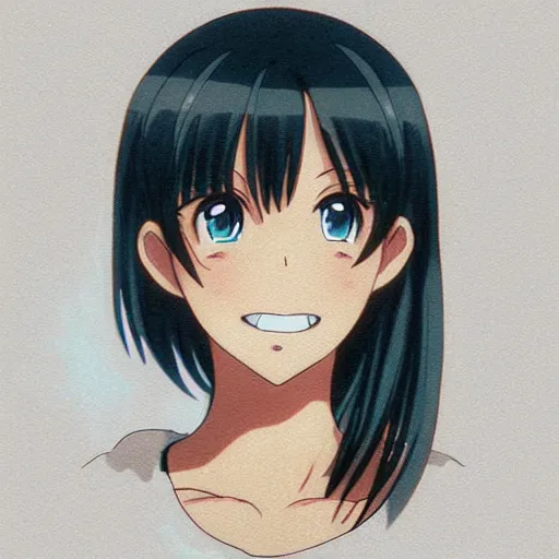 Prompt: A medium shot anime portrait of a happy brunette anime woman, a single short ponytail, parted light brown hair, bare forehead, blue-eyed, blue eyes, big bold thick eyebrows, thick jawline, anatomically accurate teeth, round face, big round nose, closed lips, wearing a t-shirt, solid blue background, by Stanley Artgerm Lau, WLOP, Rossdraws, James Jean, Andrei Riabovitchev, Marc Simonetti, and Sakimi chan, trending on artstation