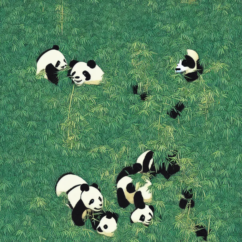 Image similar to isometric view illustration of a bamboo forest and panda eating bamboo, highly detailed mid day by victo ngai