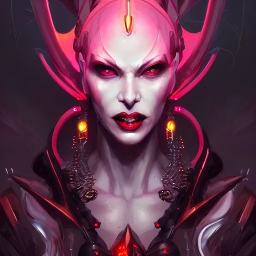 Prompt: a portrait of a beautiful demonic cybernetic queen of vampires, cyberpunk concept art by pete mohrbacher and wlop and artgerm and josan gonzales, digital art, highly detailed, intricate, sci-fi, sharp focus, Trending on Artstation HQ, deviantart, unreal engine 5, 4K UHD image
