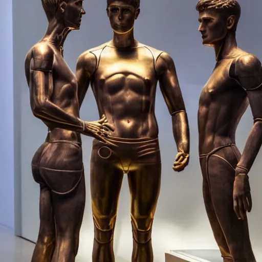 Image similar to a realistic detailed photo of a guy who is an attractive humanoid who is half robot and half humanoid, who is a male android, soccer players martin ødegaard & timo werner, shiny skin, posing like a statue, blank stare, in a museum, on display, showing off his muscles, gold soccer shorts, no jersey, side to side, statue