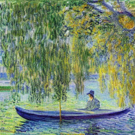 Prompt: punting boats along the river camb in cambridge, painting by claude monet, willow trees in background, beautiful, vibrant, colourful, impressionist painting, museum of modern art