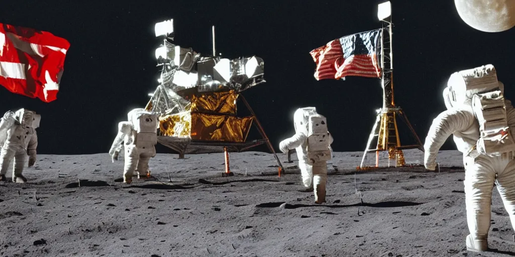 Prompt: colour photograph of the moon landing, astronauts with urss flag, spaceship, high resolution, very detailed