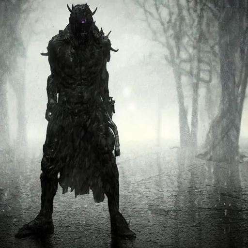 Prompt: demonic figure standing in the rain after big battle soldiers dead behind him dark award winning, trending on artstation, unreal engine