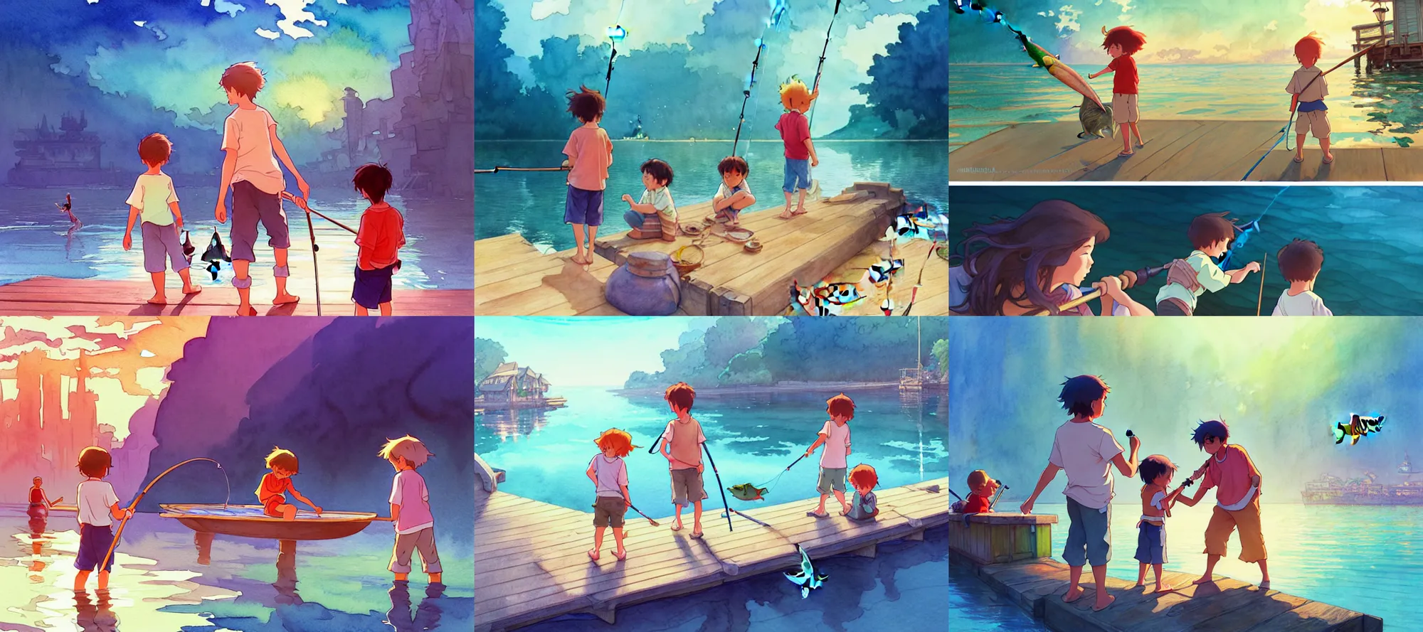 Prompt: a wholesome animation key shot, children fishing off a wharf, one boy showing off his fish, studio ghibli, pixar and disney animation, sharp, disney concept art watercolor illustration by mandy jurgens and alphonse mucha and alena aenami, pastel color palette, dramatic lighting