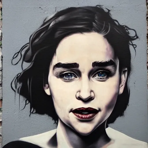 Image similar to Street-art portrait of emilia clarke in style of Banksy, photorealism