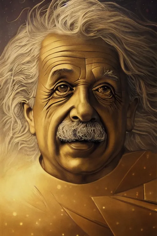 Image similar to breathtakingly beautiful painting of albert einstein in gold armor, thinking about equations, moonlit sky, matte painting by brian froud, shaun tan, wlo and peter mohrbacher, highly detailed, intricate,, award winning artwork, trending on artstation, high quality printing, fine art with subtle redshift rendering