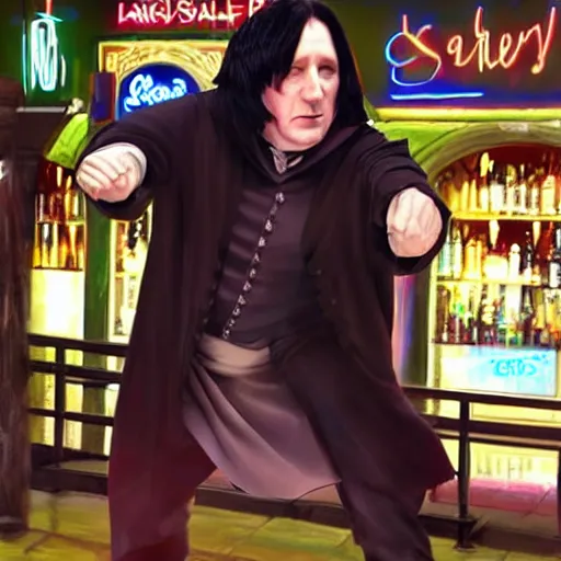 Prompt: Severus Snape dances in a bar, neon, realistic, full body, very detailed, super realistic