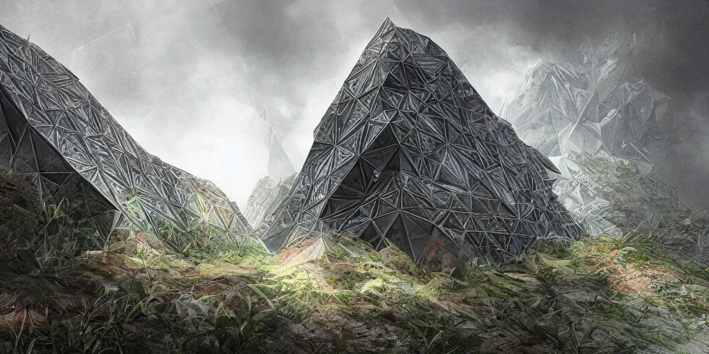 Prompt: a triangular brutalistic building made of in a vibrant naturalistic landscape, fractal, procedural, algorithmic, artificial, masterpiece, concept art