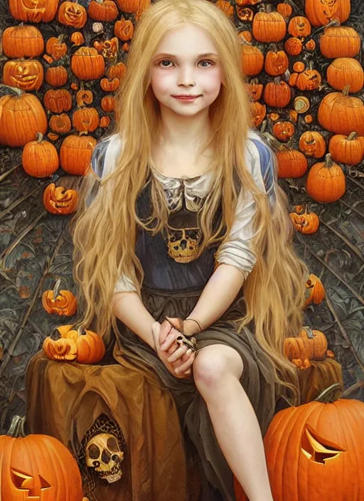 Image similar to a happy little girl with long straight golden blonde hair sitting amidst halloween decor, skulls and pumpkins. beautiful highly detailed face, beautiful painting by artgerm and greg rutkowski and alphonse mucha