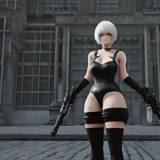 Image similar to 2B nier automata standing in front of a large building holding a Glock, detailed, artstation, concept art, Unreal Engine 5 render, 8K