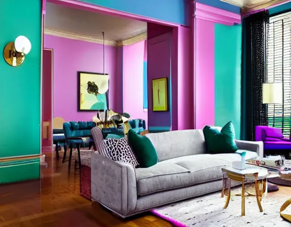 Image similar to apartment designed by nate berkus, vaporwave colors