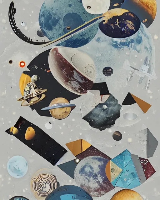 Prompt: A collage, made of random shapes cut from magazines, of Space Travel, landing on the moon, mid-century modern.