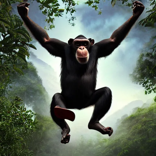 Image similar to Angry Chimpanzee Jumping, Epic Jump, Cinematic Photo, Cinematic Shot, Jungle, Foliage Boris Vallejo, Epic, 8k resolution, ArtStation, Hyperrealistic