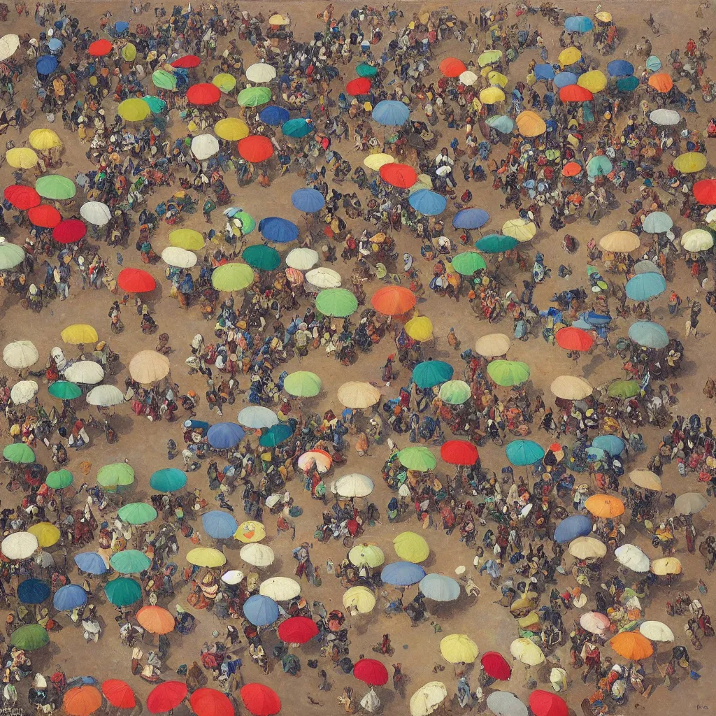 Image similar to dagomey officials with flat colorful umbrellas in ahomey's huge main square, from above, 1905, highly detailed, oil on canvas, by ilya repin