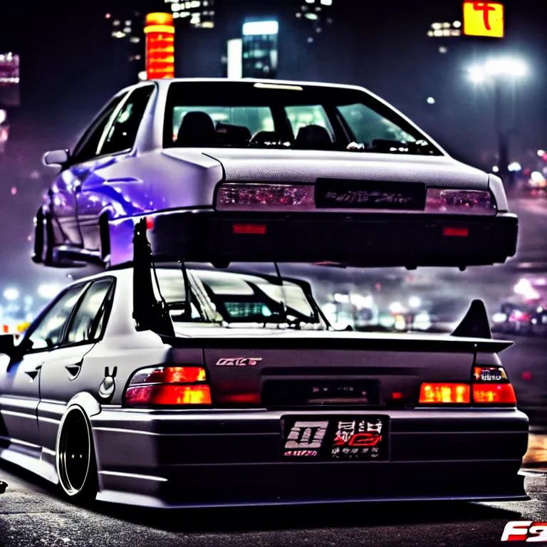 Image similar to a car JZX90 twin turbo drift at illegal car meet, Shibuya prefecture, city midnight mist lights, cinematic lighting, photorealistic, highly detailed wheels, high detail