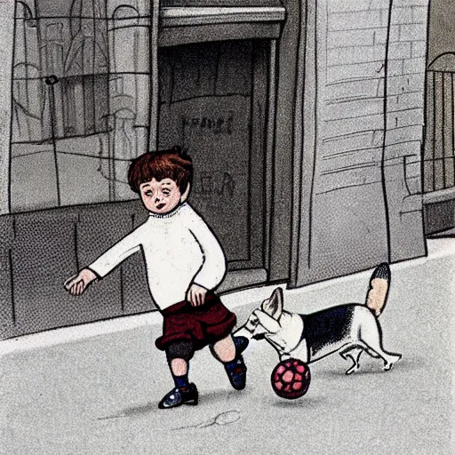 Image similar to book illustration of a french boy on the streets of paris playing football against a corgi, the dog is wearing a polka dot scarf, 1 9 6 6