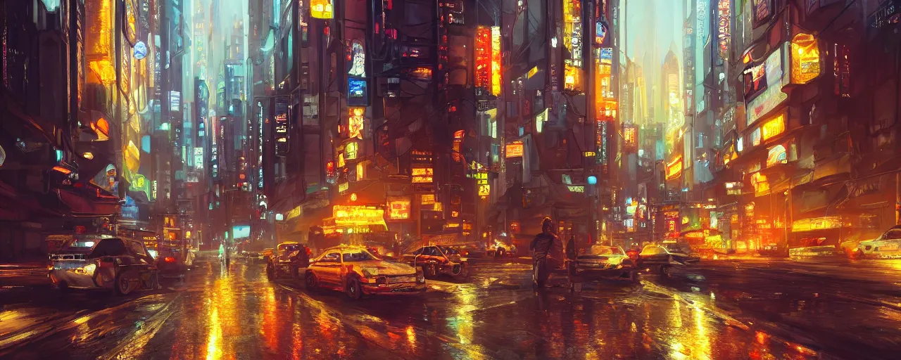 Image similar to an epic painting of the city street, oil on canvas, cold colors, perfect composition, golden ratio, beautiful detailed, photorealistic, digital painting, artstation, concept art, smooth, sharp focus, illustration, cyberpunk background, artstation trending, octane render, unreal engine