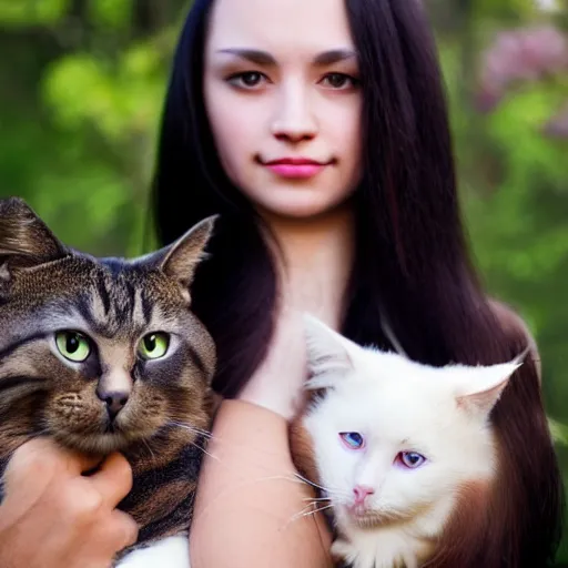 Image similar to a woman with long dark hair, big shiny dark eyes holding a cat in her arms, a stock photo by juan villafuerte and minerva j. chapman, pexels contest winner, high quality photo, rtx, hd, tumblr contest winner, anime, pretty, shiny eyes, sensual