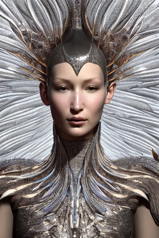 Image similar to a highly detailed metahuman 4 k render close up of an angelic alien goddess bella hadid in iris van herpen dress schiaparelli in diamonds swarovski and jewelry in style of alphonse mucha trending on artstation made in unreal engine 4