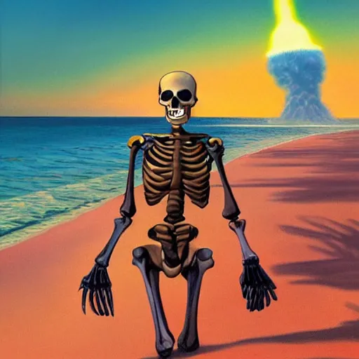 Image similar to Beautiful digital painting portrait of relaxed skeleton walking on the tropical beach with nuclear bomb explosion in the background, by James Gurney, high quality, trending on Artstation, realistic, tropical color scheme, anatomically correct skeleton, high coherence, clear blue sky