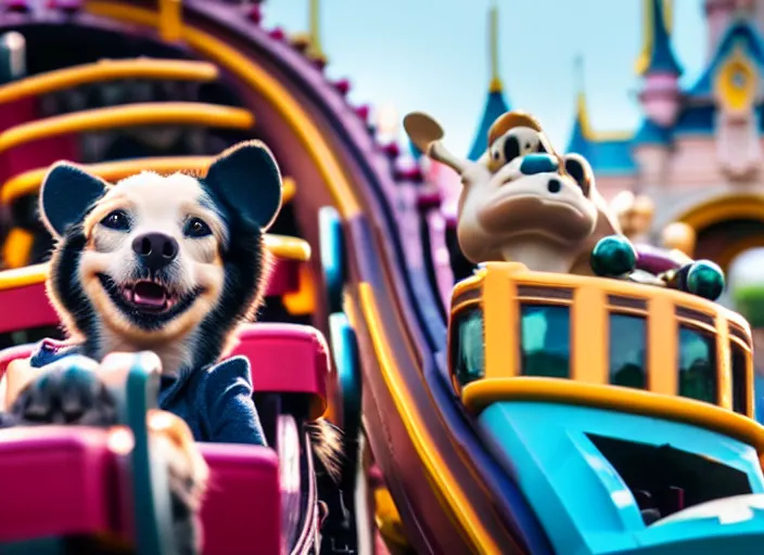 Image similar to film still of a dog riding a roller coaster in disneyland paris, 8 k