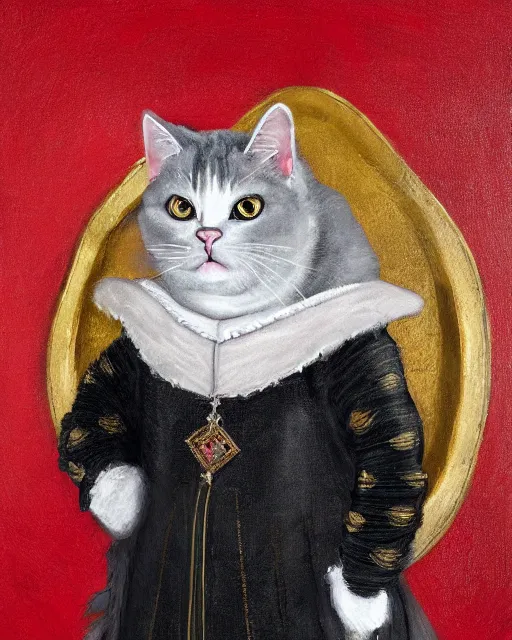 Image similar to fat gray cat with yellow eyes dressed like henry viii, tudor period clothing in red gold and black, greg rutkowski, royal portrait, painting