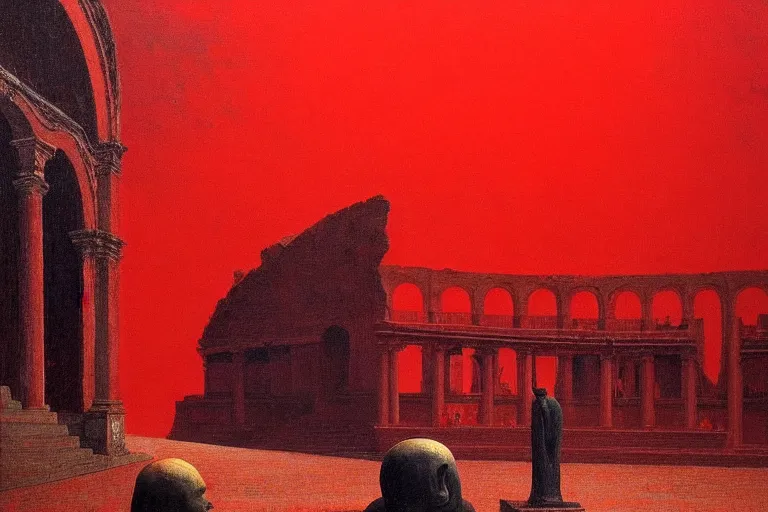 Prompt: only with red, a red melted emperor, taormina amphitheatre, crowd hails him, in the style of beksinski, parts by edward hopper, parts by rodcenko, parts by yue minjun, intricate and epic composition, red by caravaggio, insanely quality, highly detailed, masterpiece, red light, artstation, 4 k