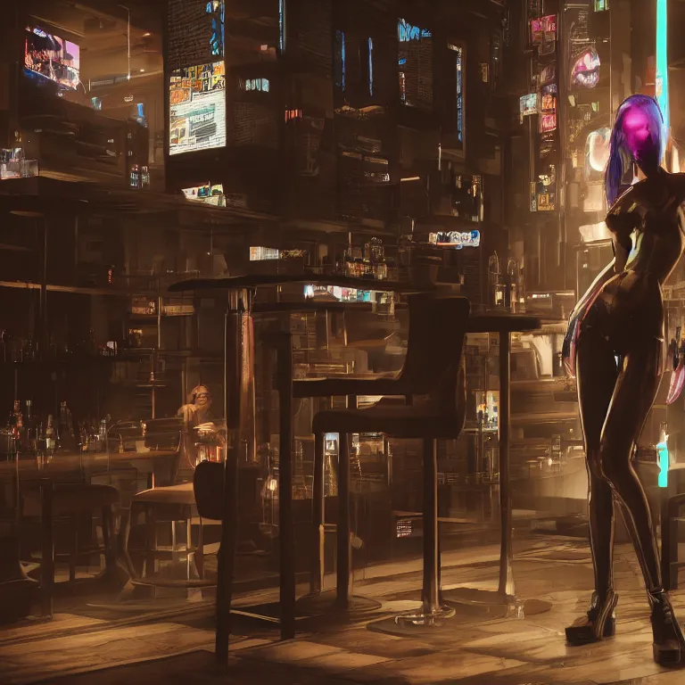 Prompt: cyberpunk woman is standing near the bar by Dylan Kowalski, photorealism, elegant woman, render, unreal engine, 3d art