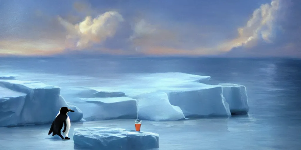 Image similar to a penguin drinking a Budweiser on an iceberg , cinematic lighting, detailed oil painting, hyperrealistic, 8k