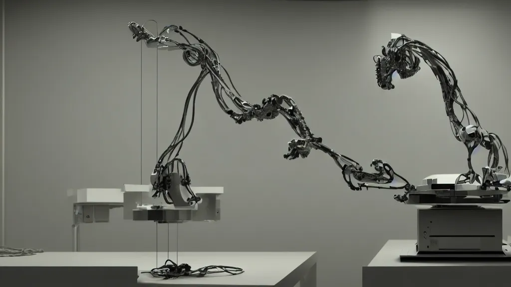 Image similar to a complex bifurcated robotic cnc surgical arm hybrid 3 d printer machine making organic ceramic kintsugi mandlebulb forms in the living room laboratory, film still from the movie directed by denis villeneuve with art direction by salvador dali, wide lens, f 3 2, cinematic lighting, studio quality, smooth render, unreal engine 5 rendered, octane rendered