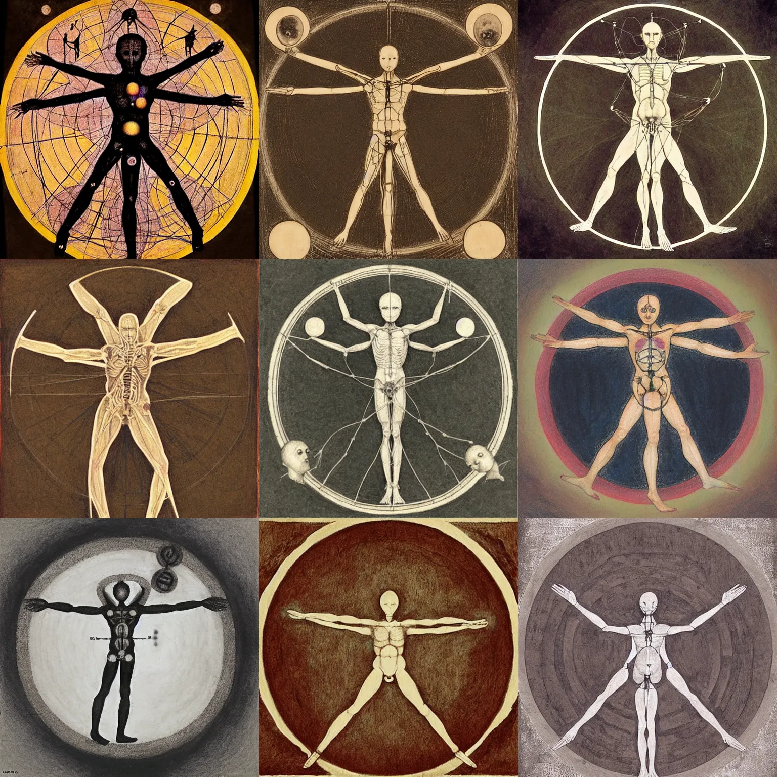 Prompt: mystical folk in the style of the vitruvian man by shaun tan