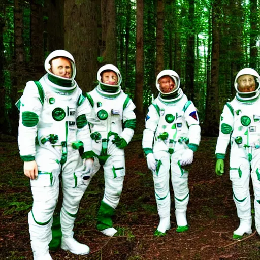 Prompt: a squad of space scouts wearing white and green space suits exploring a forest planet