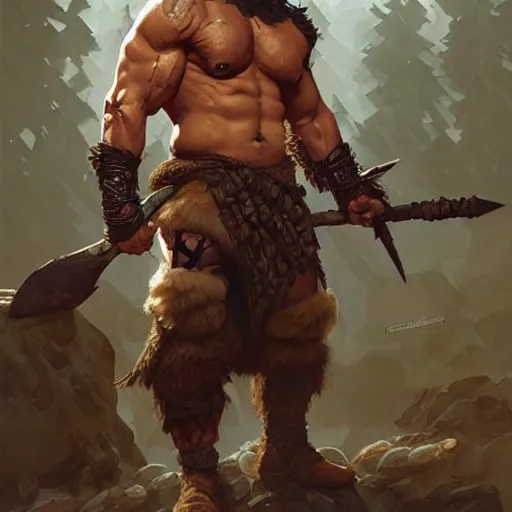 Prompt: a rugged barbarian ranger, handsome, upper body, muscular, exposed thighs, D&D, fantasy, intricate, elegant, highly detailed, digital painting, artstation, concept art, matte, sharp focus, illustration, art by Artgerm and Greg Rutkowski and Alphonse Mucha