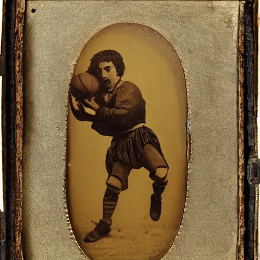 Prompt: Daguerreotype of a Byzantine warrior dunking a basketball into a hoop