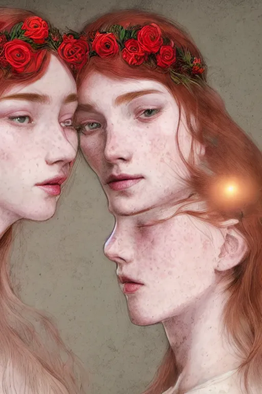 Prompt: Masterpiece, ethereal portrait of 2 beautiful red haired girls with freckles, wearing a flower headpiece, porcelain skin, cinematic lighting, photo realistic, highly detailed, maya, digital painting, artstation, concept art, sharp focus, illustration, by Mucha