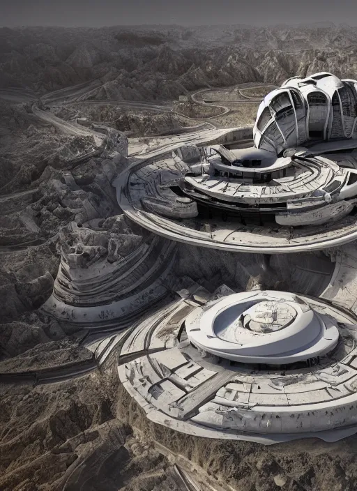 Image similar to bioremediation white mining tailing futuristic architecture in chuquicamata, epic, cinematic, hyperealistic, high detailed, corona render, hdr, ray tracing