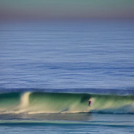 Prompt: small perfect reef point wave breaking in shallow clear water directly in front of the tilt shift camera view hollister ranch offshore winds kelp islands on horizon oil dereks on horizon late afternoon fall time central california